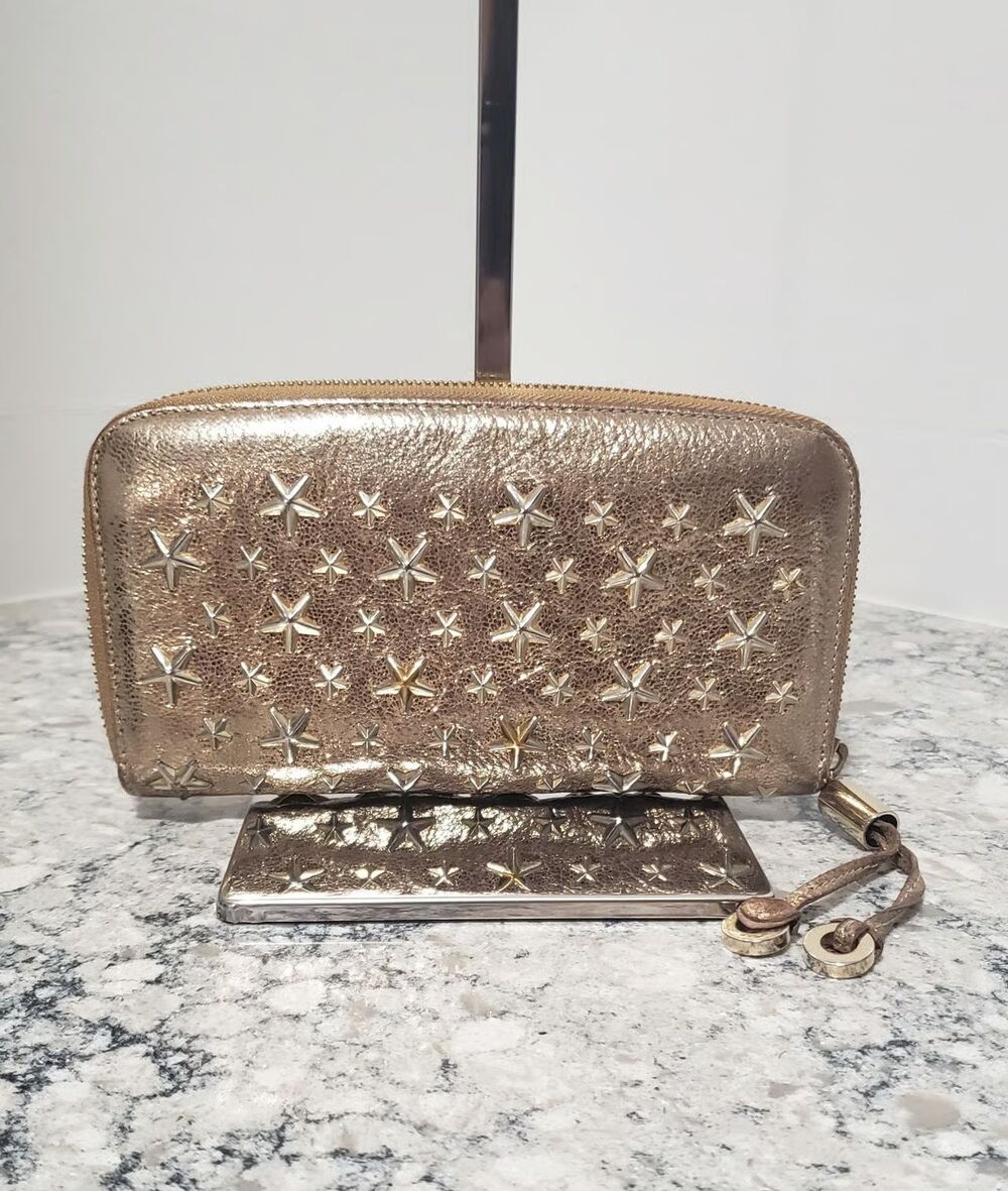 Jimmy Choo Filipa Phillipa Gold Star Studded Zip Around Long Wallet 32721